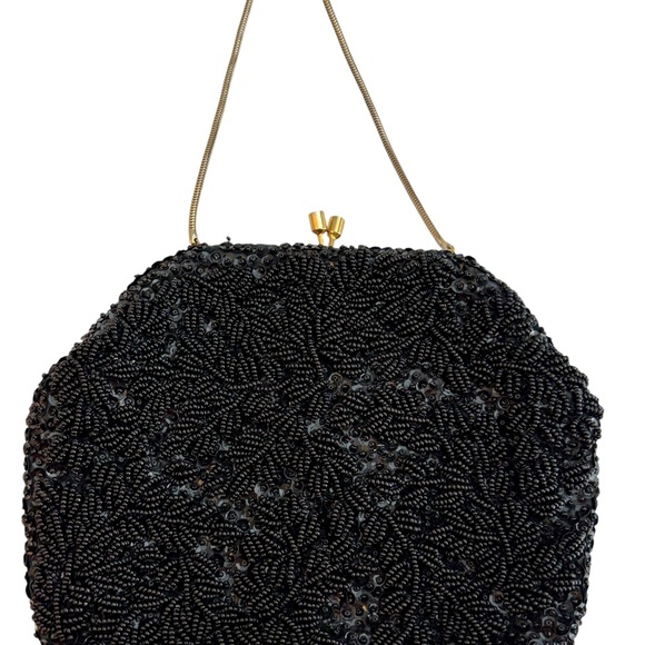 Vintage La Regale Black Beaded Evening Bag Gold Kiss Lock Clutch - Picture 2 of 5